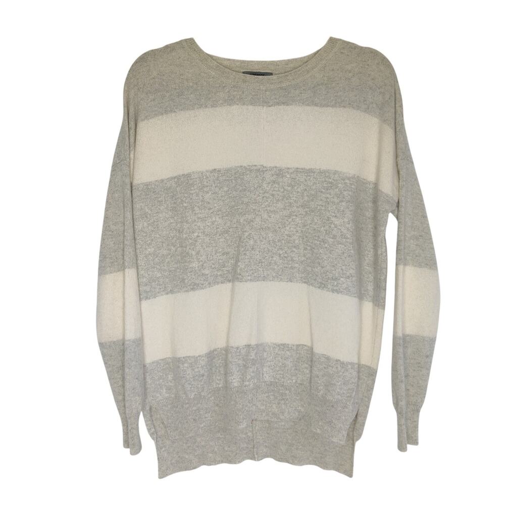 Premise Cashmere Striped V Neck Slouchy Sweater Small Gray Cream Quiet Luxury